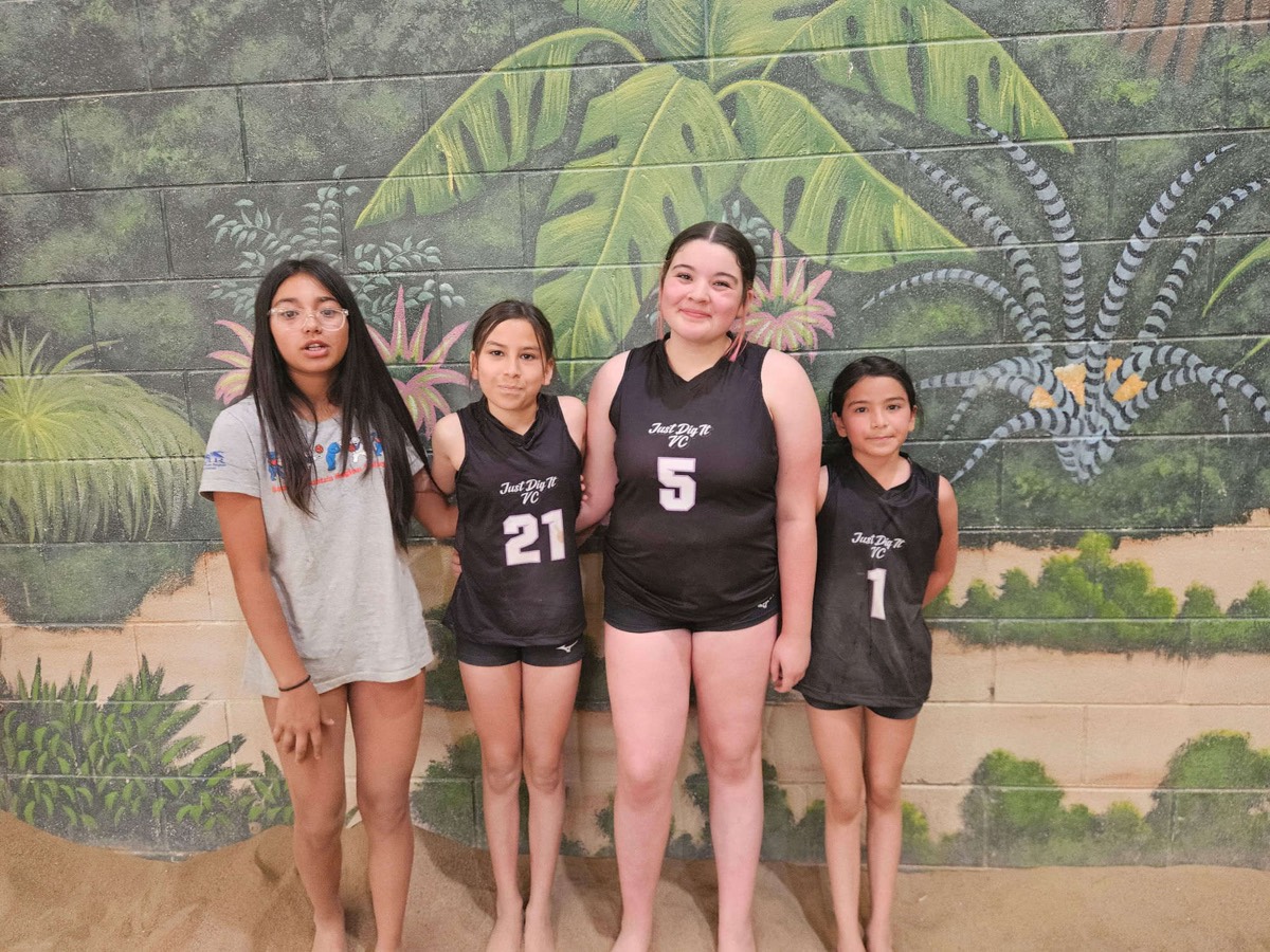 Just Dig It VC beach team in front of the tropical mural