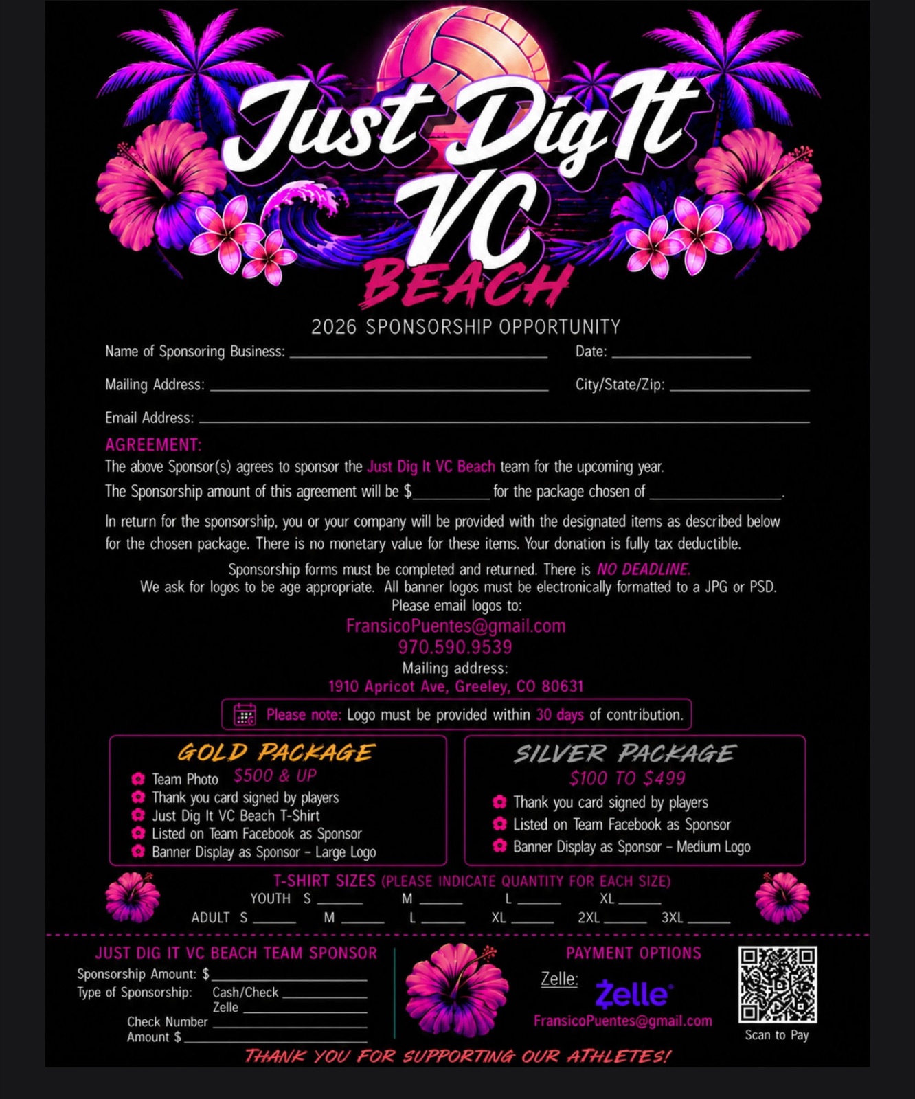 Just Dig It VC Beach 2026 sponsorship flyer — Gold package $500 and up, Silver package $100 to $499. Email FransicoPuentes@gmail.com or call 970-590-9539. Pay via Zelle.