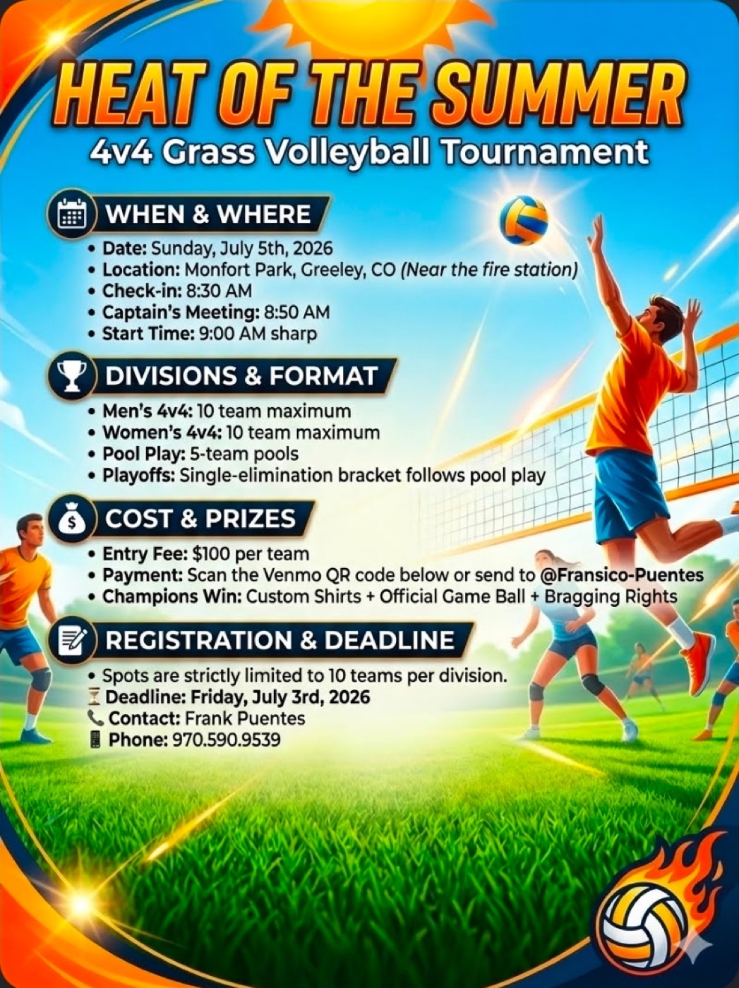 Heat of the Summer 4v4 Grass Volleyball Tournament Flyer - Sunday July 5, 2026 at Monfort Park Greeley Colorado - $100 per team, Men's and Women's divisions, register by July 3rd
